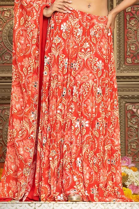 Shop_Sajeda A Lehry_Red Georgette Embroidery, Mirrors Round Neck Heer Printed Lehenga Set _Online_at_Aza_Fashions