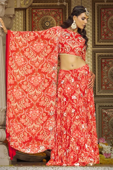 Sajeda A Lehry_Red Georgette Embroidery, Mirrors Round Neck Heer Printed Lehenga Set _at_Aza_Fashions