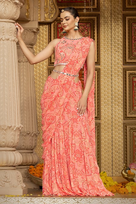 Sajeda A Lehry Floral Print Pre-Draped Lehenga Saree With Blouse 