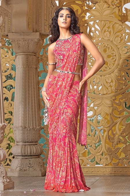 Sajeda A Lehry Ziya Pre-Draped Printed Saree & Blouse Set 