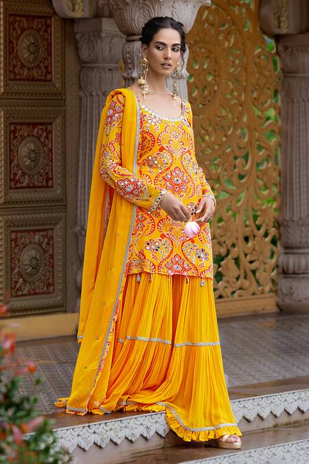 Sajeda A Lehry Yellow Georgette, Crepe Embroidery, Mirrors Ruhani Printed Kurta Sharara Set at Aza Fashions Sajeda A Lehry_Yellow Georgette, Crepe Embroidery, Mirrors Ruhani Printed Kurta Sharara Set _at_Aza_Fashions