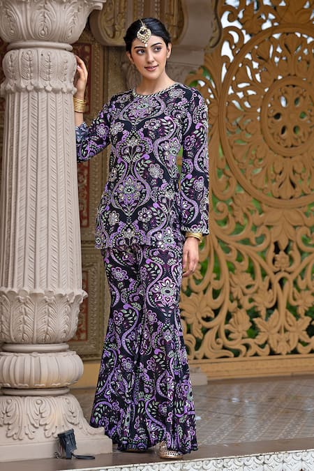 Sajeda A Lehry_Black Crepe Embroidery, Mirrors Round Neck Azra Printed Kurta Sharara Set _Online_at_Aza_Fashions