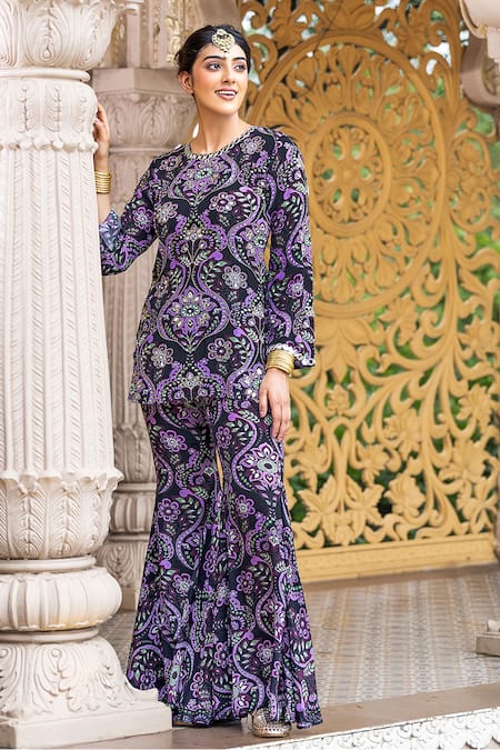 Sajeda A Lehry_Black Crepe Embroidery, Mirrors Round Neck Azra Printed Kurta Sharara Set _at_Aza_Fashions