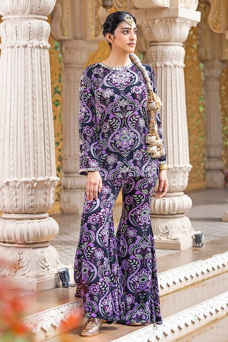 Buy_Sajeda A Lehry_Black Crepe Embroidery, Mirrors Round Neck Azra Printed Kurta Sharara Set 