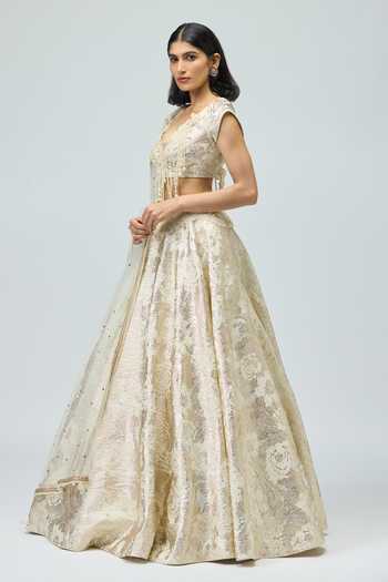 Varun Bahl Ivory Silk, Brocade Embroidery, Pearls Sweetheart Dori Embellished Lehenga Set Online at Aza Fashions Varun Bahl_Ivory Silk, Brocade Embroidery, Pearls Sweetheart Dori Embellished Lehenga Set _Online_at_Aza_Fashions