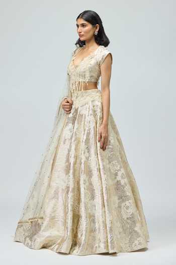 Shop Varun Bahl Ivory Silk, Brocade Embroidery, Pearls Sweetheart Dori Embellished Lehenga Set Online at Aza Fashions Shop_Varun Bahl_Ivory Silk, Brocade Embroidery, Pearls Sweetheart Dori Embellished Lehenga Set _Online_at_Aza_Fashions