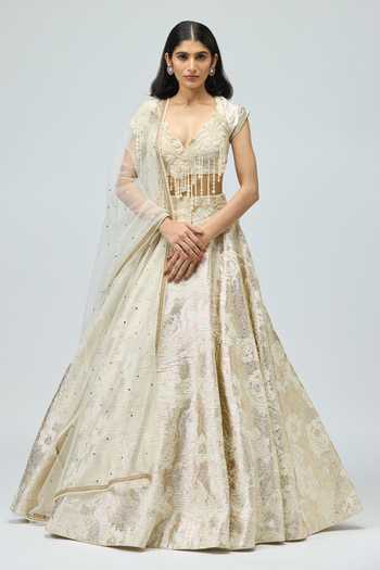 Buy Varun Bahl Ivory Silk, Brocade Embroidery, Pearls Sweetheart Dori Embellished Lehenga Set Buy_Varun Bahl_Ivory Silk, Brocade Embroidery, Pearls Sweetheart Dori Embellished Lehenga Set