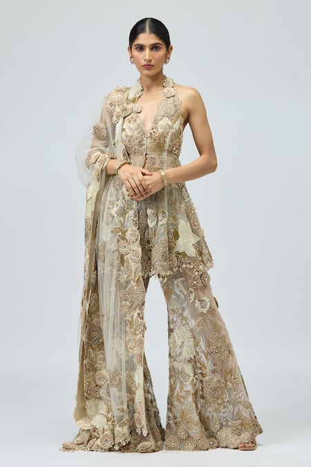 Varun Bahl 3D Floral Embroidered Kurta Sharara Set 