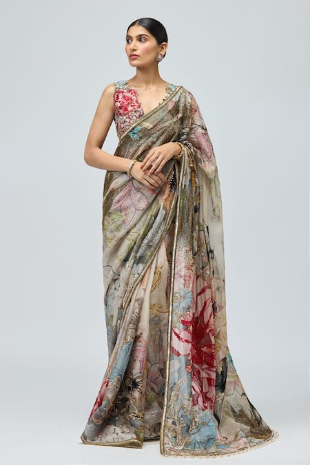 Varun Bahl Floral Print Saree With Blouse 