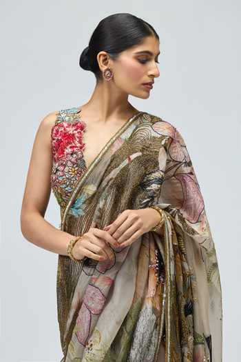 Buy Varun Bahl Green Organza Embroidery, Sequins, Zari, Applique Floral Print Saree With Blouse Online at Aza Fashions Buy_Varun Bahl_Green Organza Embroidery, Sequins, Zari, Applique Floral Print Saree With Blouse _Online_at_Aza_Fashions