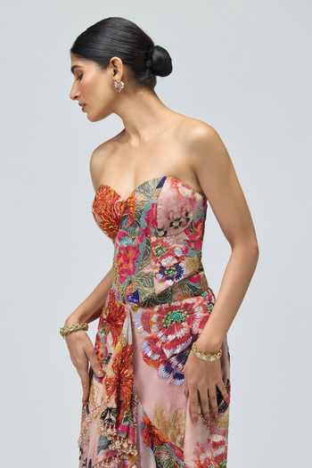 Varun Bahl_Pink Organza Embroidery, Sequins, Beads Floral Print Corset And Skirt Set _Online_at_Aza_Fashions