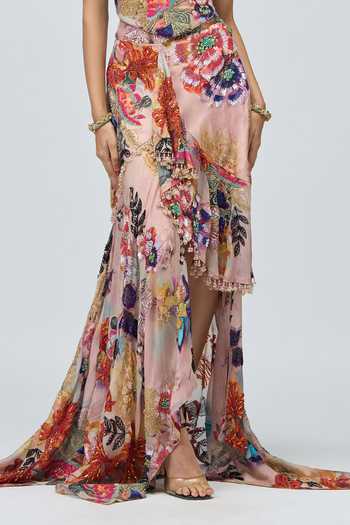 Buy_Varun Bahl_Pink Organza Embroidery, Sequins, Beads Floral Print Corset And Skirt Set _Online_at_Aza_Fashions
