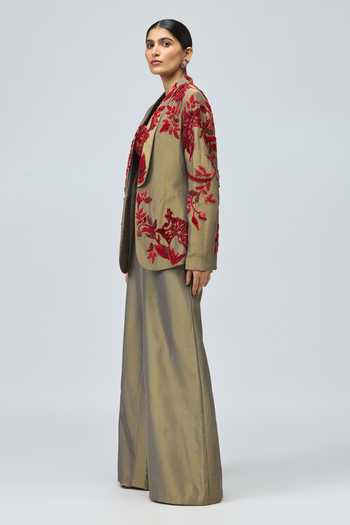 Varun Bahl_Green Satin, Viscose, Lurex Embroidery, Sequins, Stones Jacket Pant Set _Online_at_Aza_Fashions