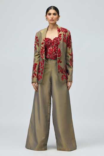 Buy_Varun Bahl_Green Satin, Viscose, Lurex Embroidery, Sequins, Stones Jacket Pant Set _Online_at_Aza_Fashions