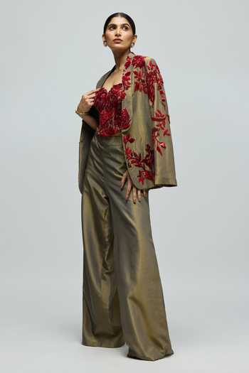 Shop_Varun Bahl_Green Satin, Viscose, Lurex Embroidery, Sequins, Stones Jacket Pant Set _Online_at_Aza_Fashions