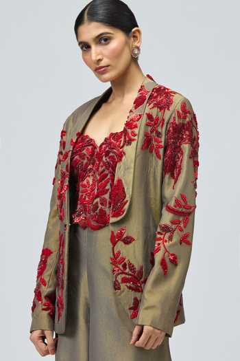 Buy_Varun Bahl_Green Satin, Viscose, Lurex Embroidery, Sequins, Stones Jacket Pant Set 