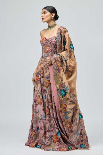 Varun Bahl_Pink Viscose Embroidery Sweetheart Neck Tissue Lehenga Set _Online_at_Aza_Fashions