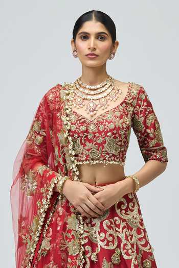Varun Bahl Red Silk, Net Sequins, Beads, Pearls, Zari Raw Embroidered Bridal Lehenga Set Online at Aza Fashions Varun Bahl_Red Silk, Net Sequins, Beads, Pearls, Zari Raw Embroidered Bridal Lehenga Set _Online_at_Aza_Fashions