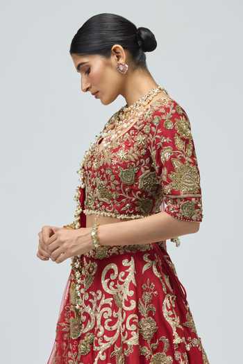 Buy Varun Bahl Red Silk, Net Sequins, Beads, Pearls, Zari Raw Embroidered Bridal Lehenga Set Online at Aza Fashions Buy_Varun Bahl_Red Silk, Net Sequins, Beads, Pearls, Zari Raw Embroidered Bridal Lehenga Set _Online_at_Aza_Fashions