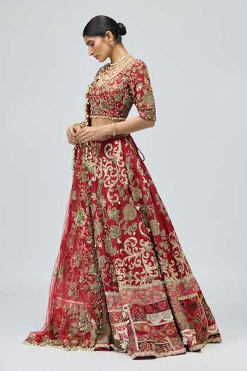 Shop Varun Bahl Red Silk, Net Sequins, Beads, Pearls, Zari Raw Embroidered Bridal Lehenga Set Online at Aza Fashions Shop_Varun Bahl_Red Silk, Net Sequins, Beads, Pearls, Zari Raw Embroidered Bridal Lehenga Set _Online_at_Aza_Fashions