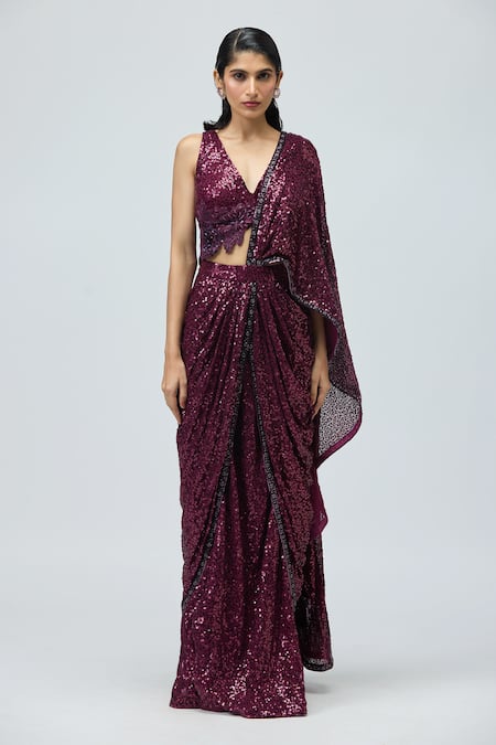 Varun Bahl Sequin Work Pre-Draped Saree With Blouse 