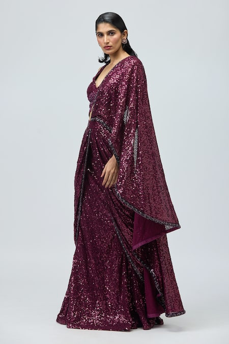 Varun Bahl_Purple Sequins V-neck Work Pre-draped Saree With Blouse _Online_at_Aza_Fashions