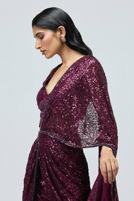 Buy_Varun Bahl_Purple Sequins V-neck Work Pre-draped Saree With Blouse _Online_at_Aza_Fashions
