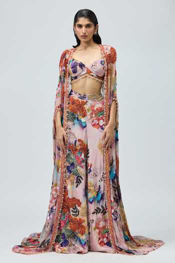 Varun Bahl_Pink Viscose Georgette, Viscose, Georgette, Crepe Embroidery, Floral Cape Set _Online_at_Aza_Fashions