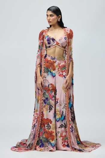 Buy_Varun Bahl_Pink Viscose Georgette, Viscose, Georgette, Crepe Embroidery, Floral Cape Set _Online_at_Aza_Fashions