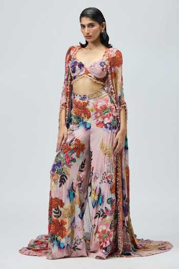 Shop_Varun Bahl_Pink Viscose Georgette, Viscose, Georgette, Crepe Embroidery, Floral Cape Set _Online_at_Aza_Fashions