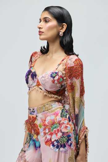 Varun Bahl_Pink Viscose Georgette, Viscose, Georgette, Crepe Embroidery, Floral Cape Set _at_Aza_Fashions