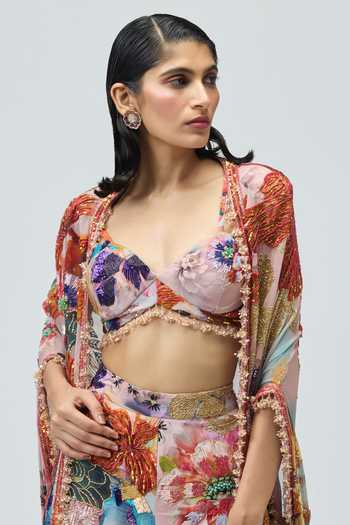 Buy_Varun Bahl_Pink Viscose Georgette, Viscose, Georgette, Crepe Embroidery, Floral Cape Set 