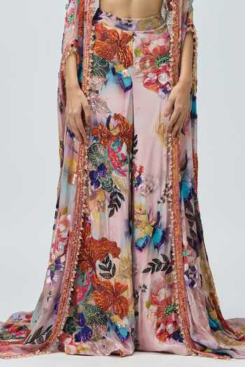 Shop_Varun Bahl_Pink Viscose Georgette, Viscose, Georgette, Crepe Embroidery, Floral Cape Set 