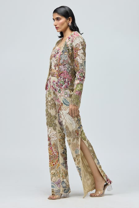 Varun Bahl Ivory Net Embroidery, Zari Open , Bandeau Floral Jacket Set Online at Aza Fashions Varun Bahl_Ivory Net Embroidery, Zari Open , Bandeau Floral Jacket Set _Online_at_Aza_Fashions