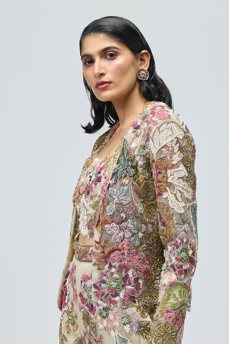 Shop Varun Bahl Ivory Net Embroidery, Zari Open , Bandeau Floral Jacket Set Online at Aza Fashions Shop_Varun Bahl_Ivory Net Embroidery, Zari Open , Bandeau Floral Jacket Set _Online_at_Aza_Fashions