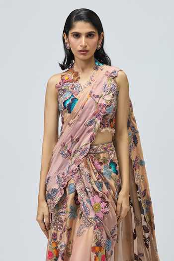 Varun Bahl Pink Viscose, Tissue Embroidery Halter Neck Floral Pre-draped Saree With Blouse Online at Aza Fashions Varun Bahl_Pink Viscose, Tissue Embroidery Halter Neck Floral Pre-draped Saree With Blouse _Online_at_Aza_Fashions