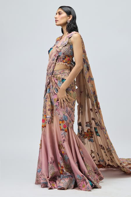 Varun Bahl Floral Embroidered Pre-Draped Saree With Blouse 