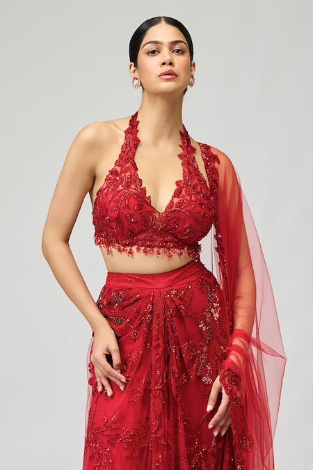 Varun Bahl_Red Net Sequins, Stones, Patchwork Halter Neck Work Pre-draped Saree With Blouse _Online_at_Aza_Fashions