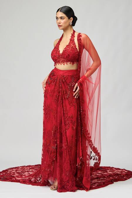 Buy_Varun Bahl_Red Net Sequins, Stones, Patchwork Halter Neck Work Pre-draped Saree With Blouse _Online_at_Aza_Fashions