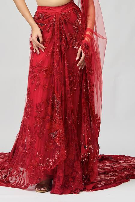 Shop_Varun Bahl_Red Net Sequins, Stones, Patchwork Halter Neck Work Pre-draped Saree With Blouse _Online_at_Aza_Fashions
