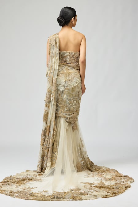 Varun Bahl 3D Floral Embellished Pre-Draped Saree With Blouse 