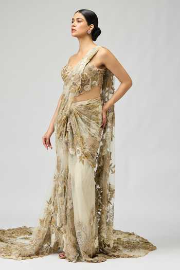 Varun Bahl Gold Net Embroidery, Sequins, 3d Floral Embellished Pre-draped Saree With Blouse Online at Aza Fashions Varun Bahl_Gold Net Embroidery, Sequins, 3d Floral Embellished Pre-draped Saree With Blouse _Online_at_Aza_Fashions