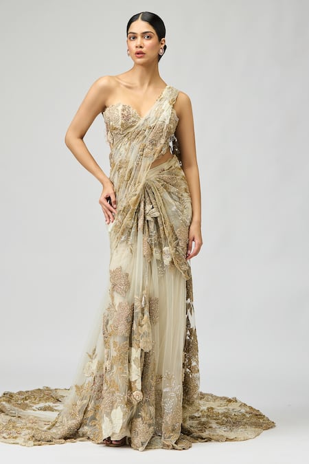 Varun Bahl 3D Floral Embellished Pre-Draped Saree With Blouse 