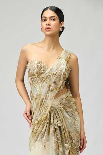 Buy Varun Bahl Gold Net Embroidery, Sequins, 3d Floral Embellished Pre-draped Saree With Blouse Online at Aza Fashions Buy_Varun Bahl_Gold Net Embroidery, Sequins, 3d Floral Embellished Pre-draped Saree With Blouse _Online_at_Aza_Fashions
