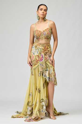 Varun Bahl_Green Silk Organza Beads, Mirrors, Tassels Floral Embroidered Skirt And Blouse Set _Online_at_Aza_Fashions