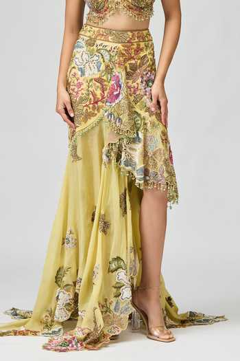 Buy_Varun Bahl_Green Silk Organza Beads, Mirrors, Tassels Floral Embroidered Skirt And Blouse Set _Online_at_Aza_Fashions