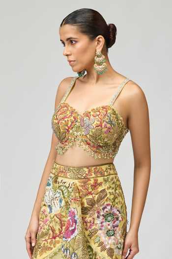 Shop_Varun Bahl_Green Silk Organza Beads, Mirrors, Tassels Floral Embroidered Skirt And Blouse Set _Online_at_Aza_Fashions