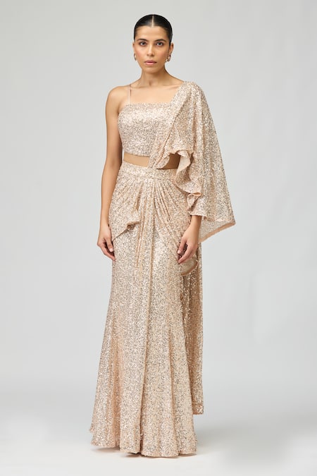 Varun Bahl_Peach Sequins Square Neck Work Pre-draped Saree With Blouse _Online_at_Aza_Fashions