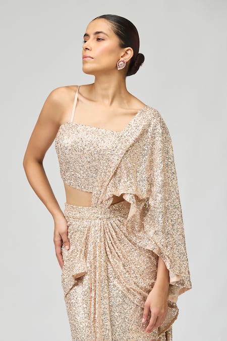 Buy_Varun Bahl_Peach Sequins Square Neck Work Pre-draped Saree With Blouse _Online_at_Aza_Fashions