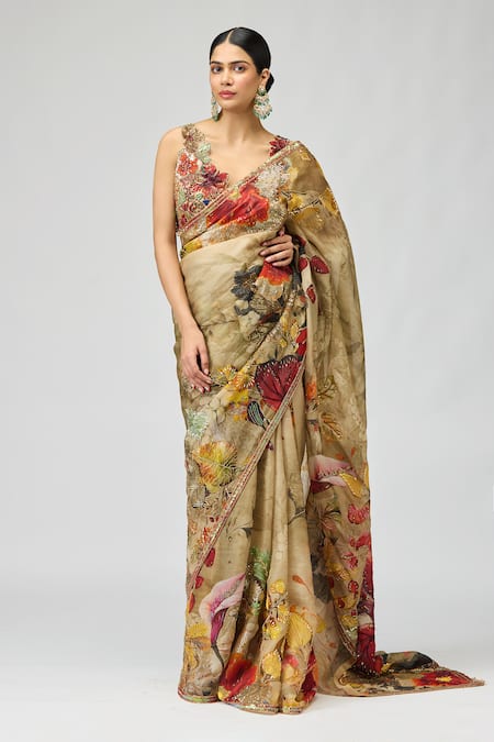 Varun Bahl Floral Embroidered Saree With Blouse 